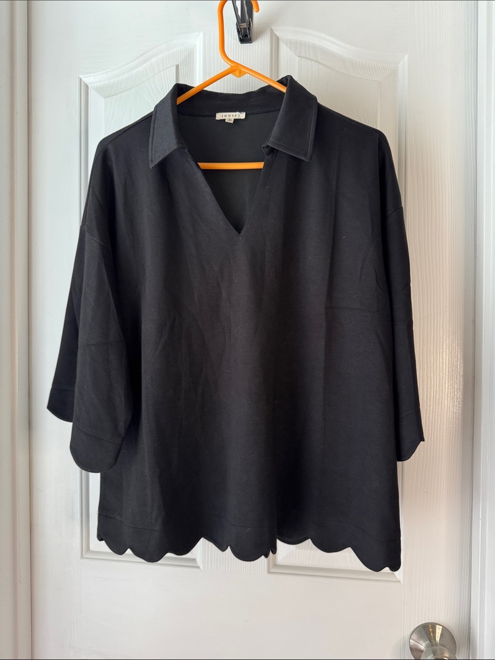 Collared Black V-Neck Scalloped Hem Top